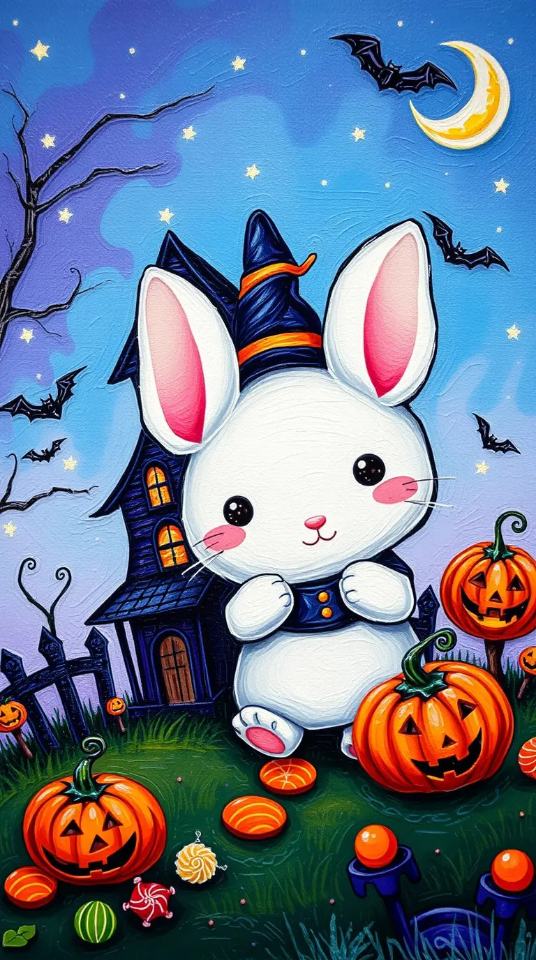 Cute Halloween 4K wallpaper for iPhone featuring spooky pumpkins, bats, and candy. Perfect for a festive touch.