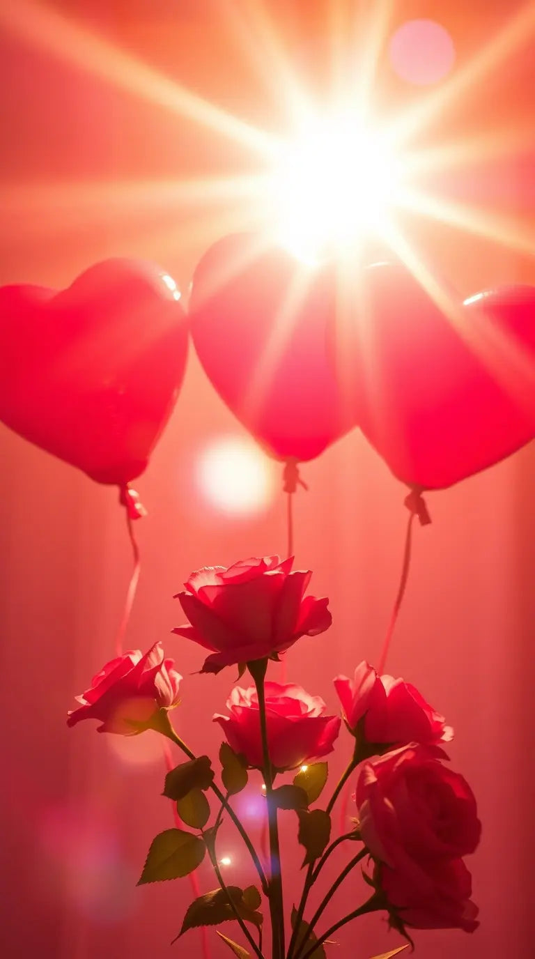 "A romantic Valentine’s Day wallpaper with bright lens flare, a warm golden glow, soft pink and red heart balloons, and roses for Valentine’s Day.