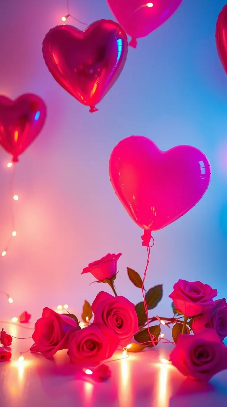 A glowing bioluminescent Valentine’s Day wallpaper with bright vibrant colors, soft pink and red heart balloons, roses, and fairy lights in a minimalist aesthetic.