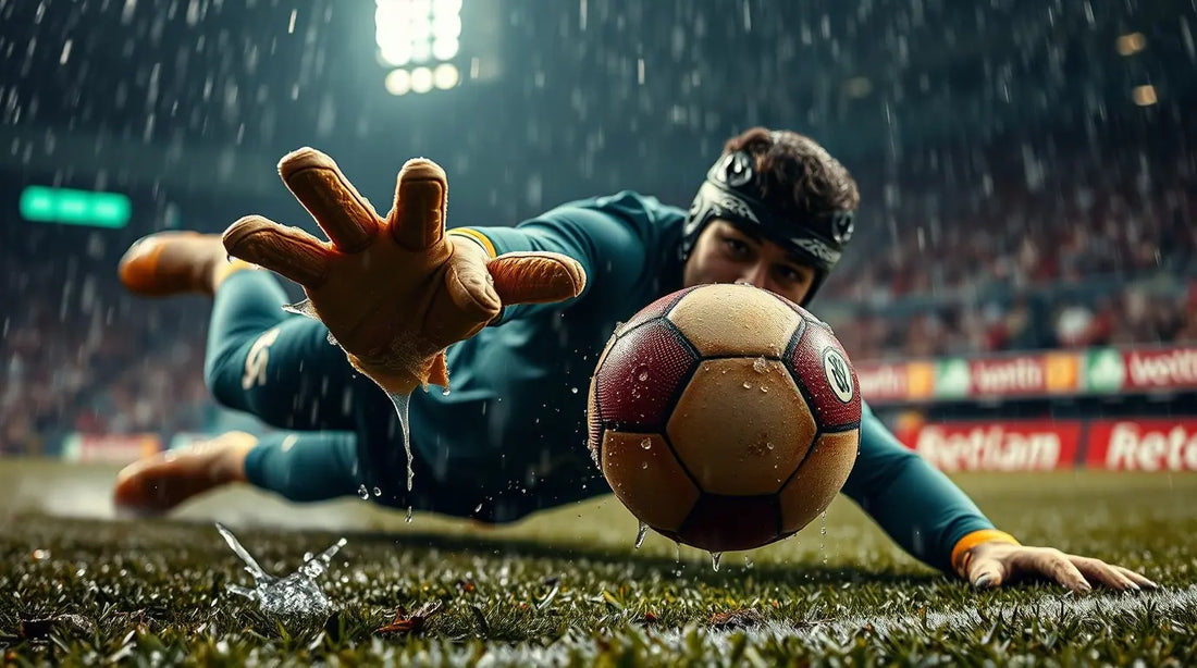 A goalkeeper making a diving save under pouring rain, with water splashing around.