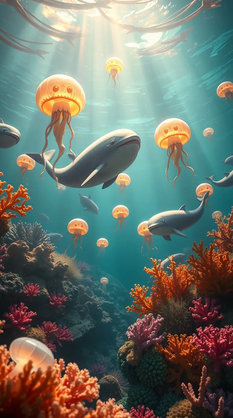 A breathtaking close-up scene of an underwater world, featuring glowing corals, vibrant fish, and soft light filtering through the ocean.