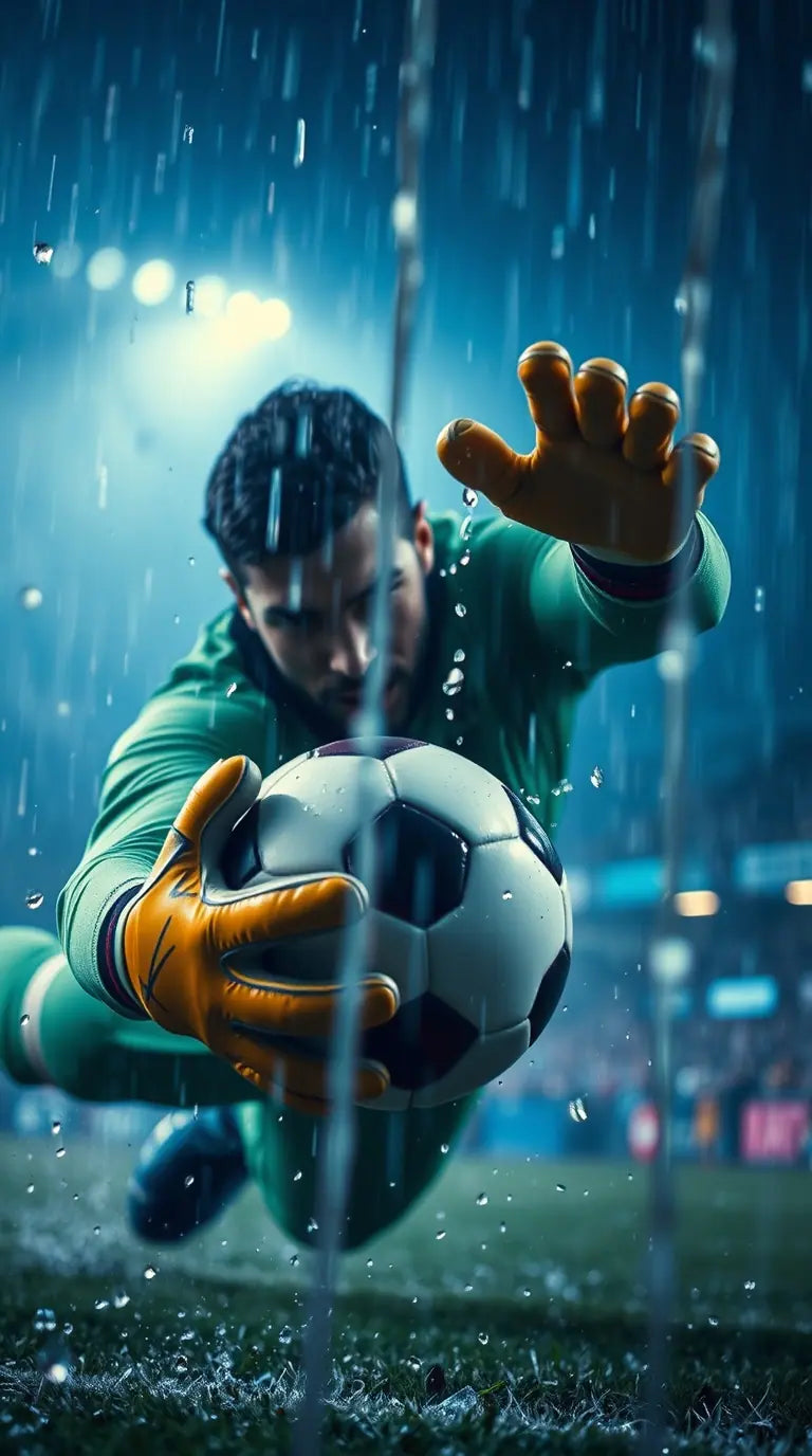 A goalkeeper in full stretch, making an incredible diving save on a football field.