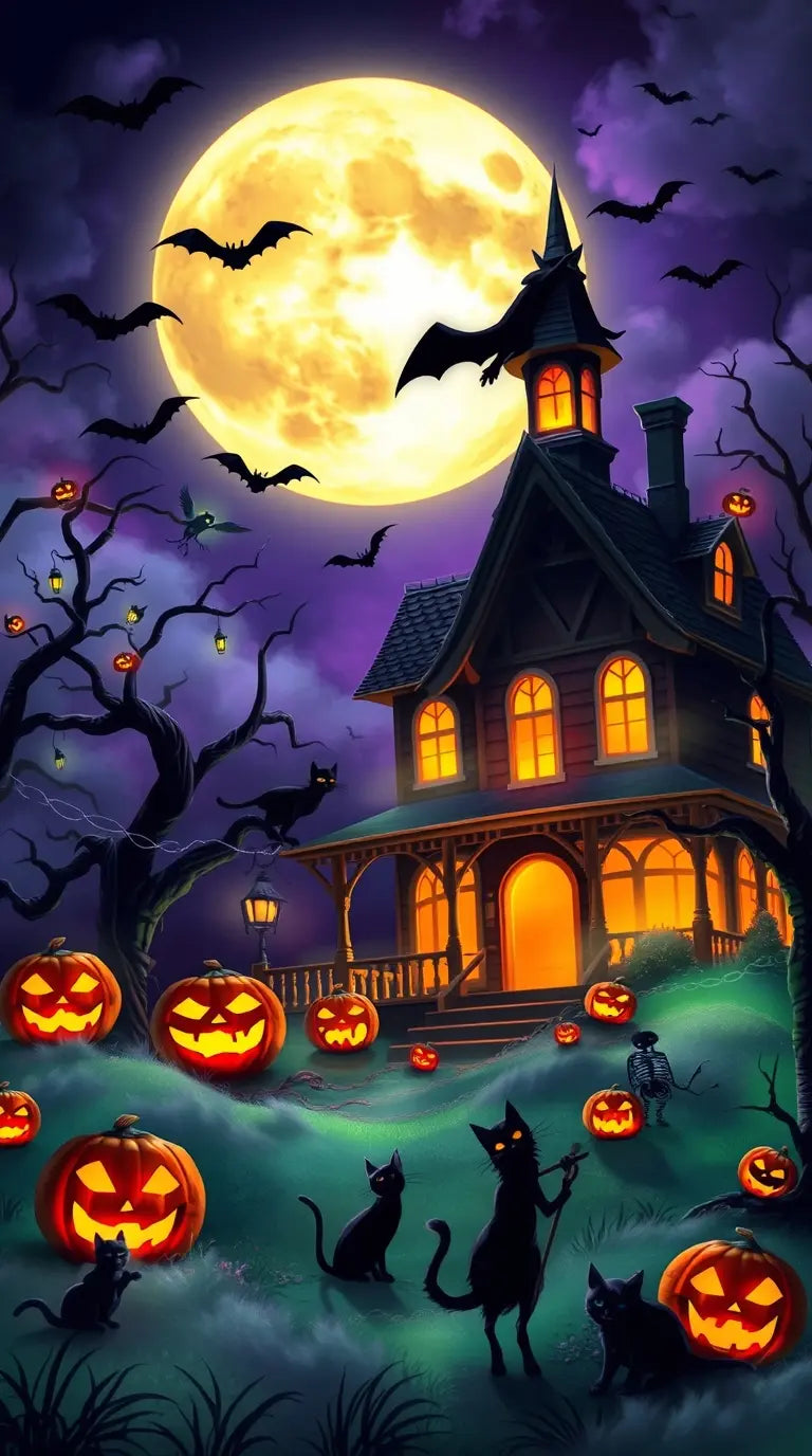 4K Halloween desktop wallpaper with creepy decorations like jack-o-lanterns and bats. Ideal for your spooky season setup.