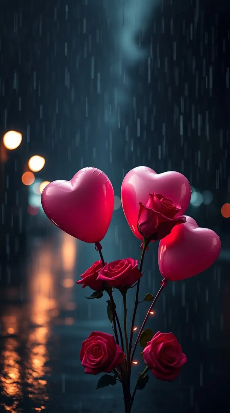 A dreamy Valentine’s Day wallpaper featuring a wet rainy scene, soft pink and red hues, heart-shaped balloons, roses, and glowing fairy lights in a minimalist aesthetic, perfect for iPhone screens.