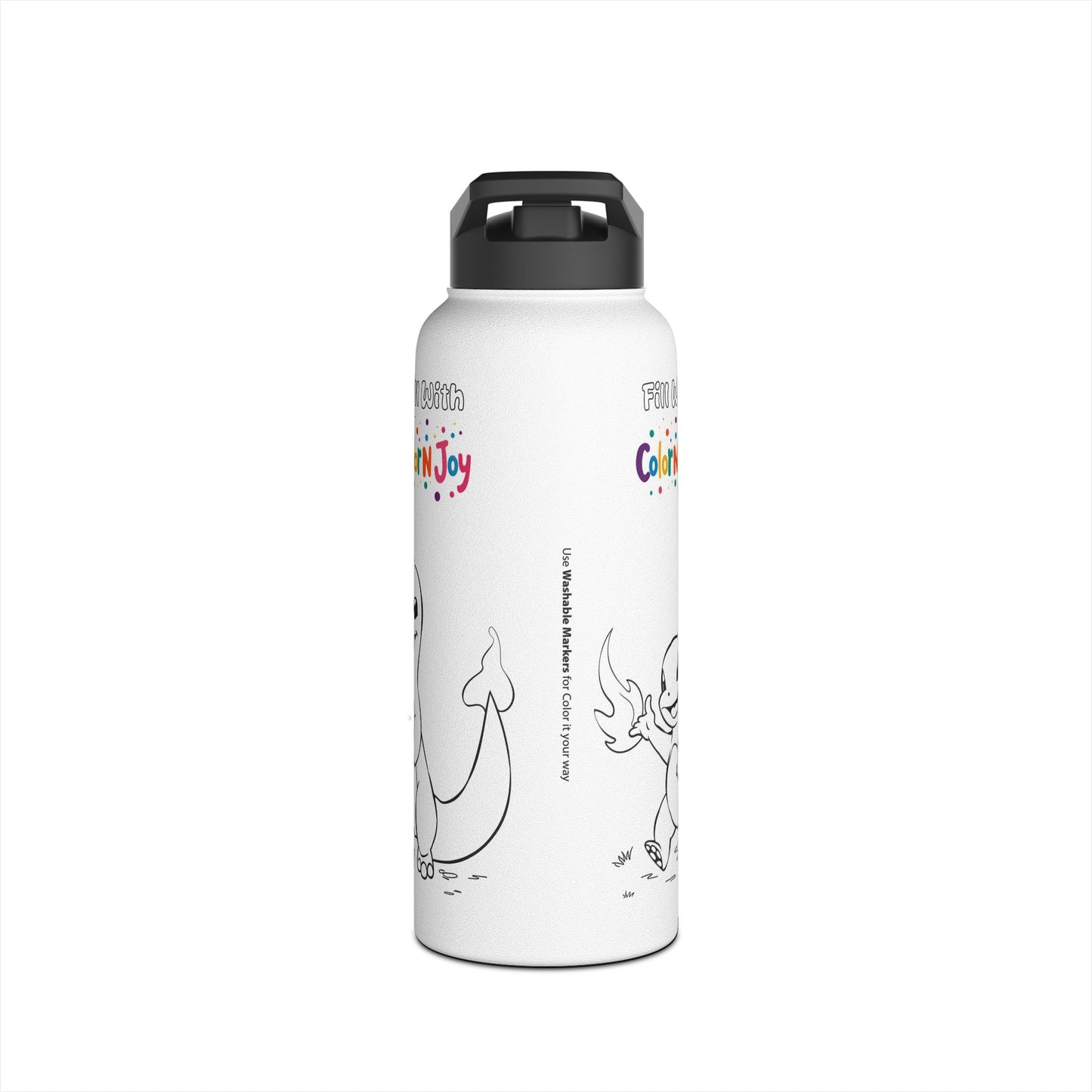 Fire Dragon Coloring Water Bottle | Kids Creative Stainless Steel Drinkware | Includes Coloring Pages Download