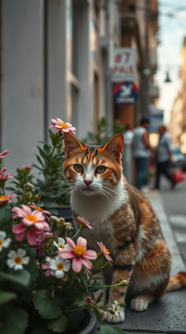Download 4K Cat & Flowers Wallpaper