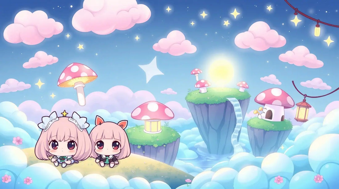 A dreamy anime-style illustration featuring cute characters in a floating island paradise, surrounded by pink clouds and glowing magical mushrooms.