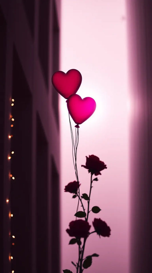 Glowing Bioluminescent Valentine’s Day Wallpaper: Bright Pink & Red Roses with Heart Balloons