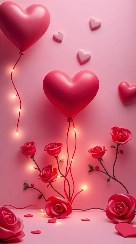 Wet Rainy Scene Valentine’s Day Wallpaper: Pink & Red Roses with Glowing Fairy Lights