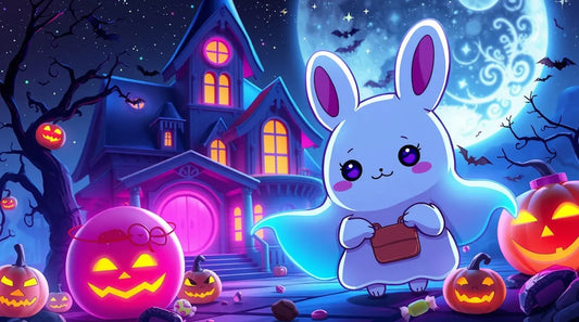 Aesthetic 4K Halloween wallpaper with a pastel color palette, spooky moon, bats, and pumpkins for a chic Halloween vibe.