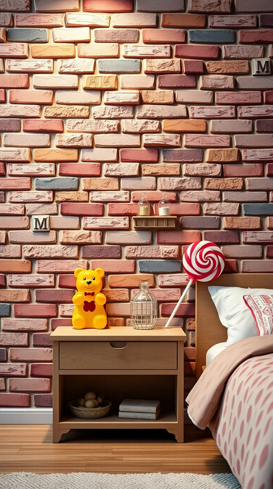 A stylish bedroom with brick wallpaper creating a rustic, chic ambiance, 3D Brick
