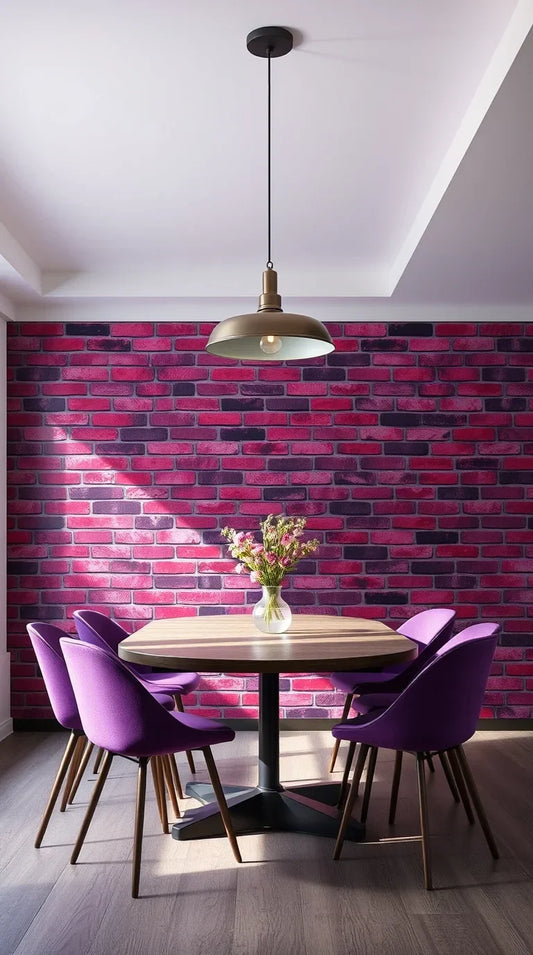 Classic exposed brick wallpaper accent wall in a dining room