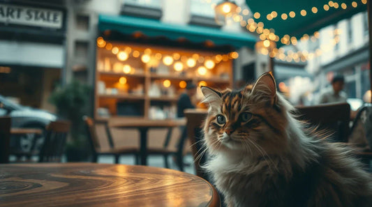 A cute cat sitting on a wooden table in a cozy café, surrounded by warm lighting, a steaming cup of coffee, and soft pastel tones, perfect for PC backgrounds.