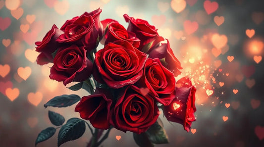 Digital painting of a romantic Valentine’s Day wallpaper with deep red roses, glowing fairy lights, and dreamy bokeh effects.