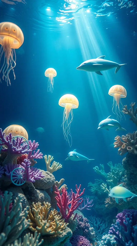 A magical underwater scene featuring glowing blue jellyfish drifting through the deep ocean, perfect for a 4K laptop wallpaper.