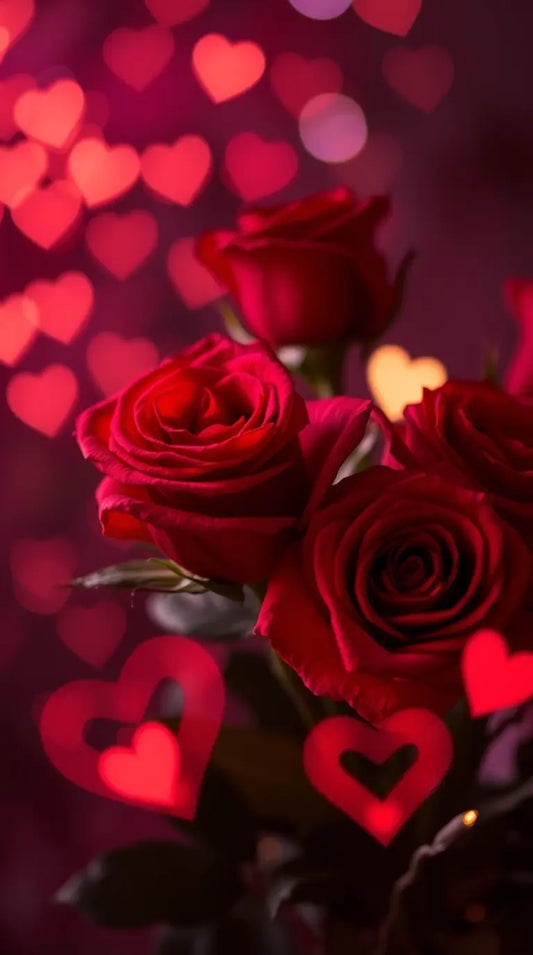 A high-resolution wallpaper featuring vibrant red roses, ideal for a Valentine’s Day-themed desktop or phone background.