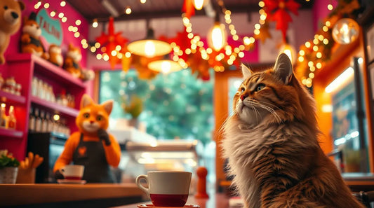 A high-resolution cute wallpaper featuring a fluffy cat with bright expressive eyes, set against a colorful and soft background.