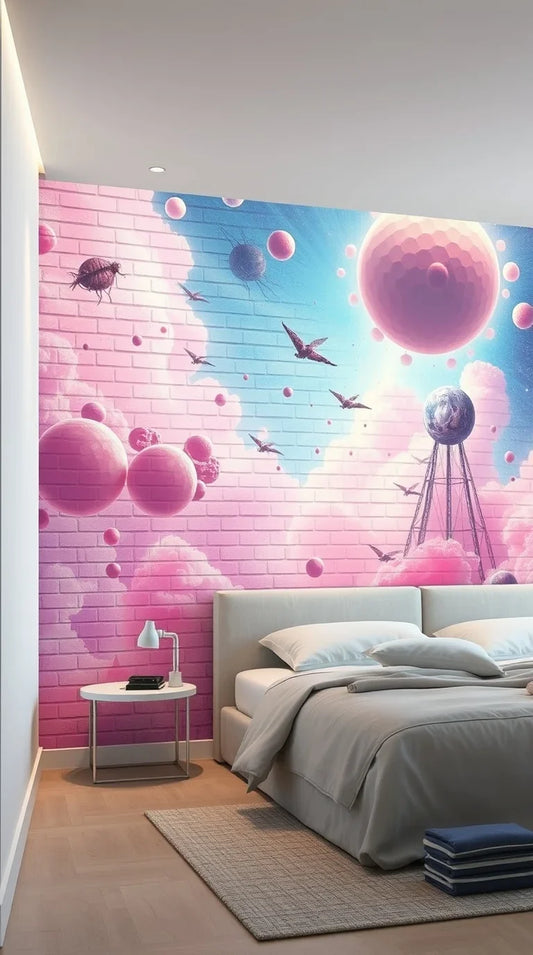 Creative galaxy-themed brick wallpaper blending cosmic and rustic elements, small bedroom ideas