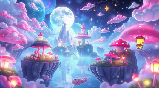 A surreal 4K desktop wallpaper showcasing floating islands in a pink-hued wonderland, with cotton-candy clouds and glowing fairy lights.