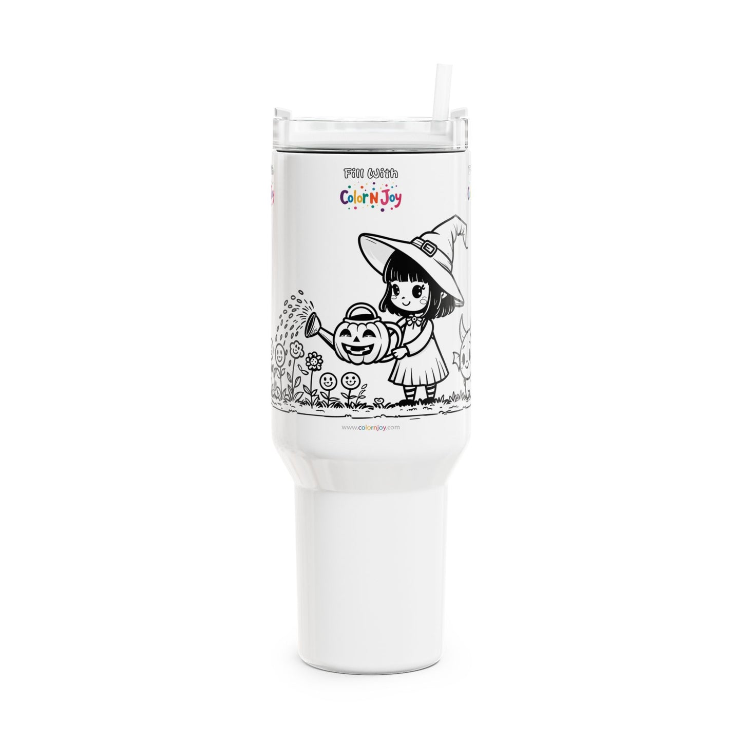 Garden Witch Tumbler – Cute Girl with Pumpkin Water Bottle & Colorful Icons | 40oz