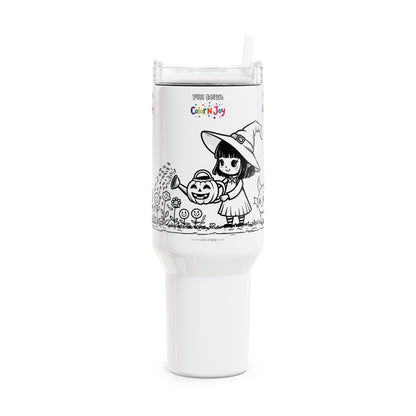 Garden Witch Tumbler – Cute Girl with Pumpkin Water Bottle & Colorful Icons | 40oz