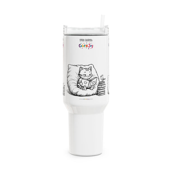 Cozy Cat Cottage Coloring Tumbler | Cat Bed Theme Cup with Straw