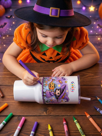 Garden Witch Tumbler – Cute Girl with Pumpkin Water Bottle & Colorful Icons | 40oz