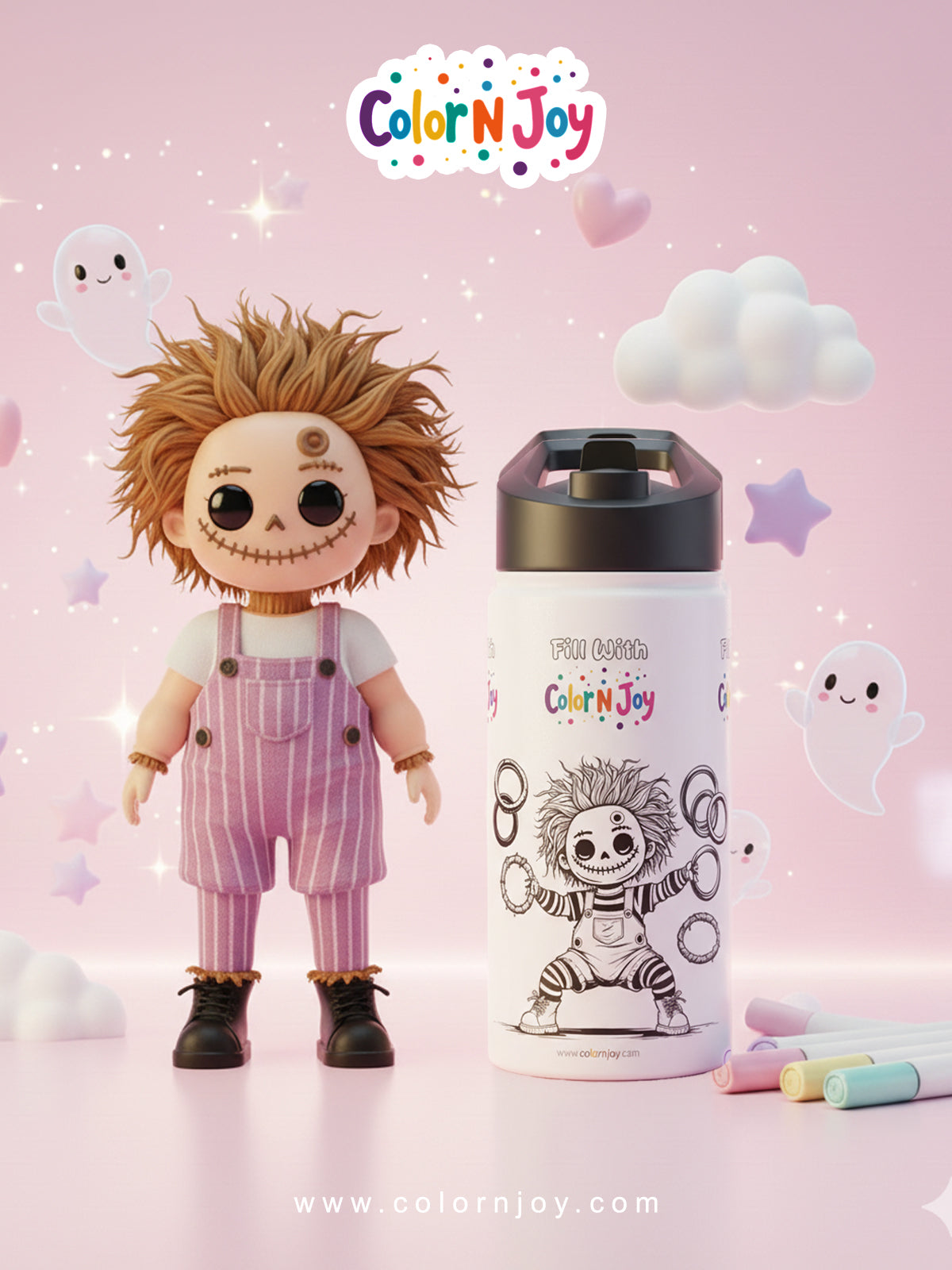 Spooky Doll Coloring Water Bottle | Halloween Activity for Kids | Reusable Stainless Steel with Free Coloring Pages
