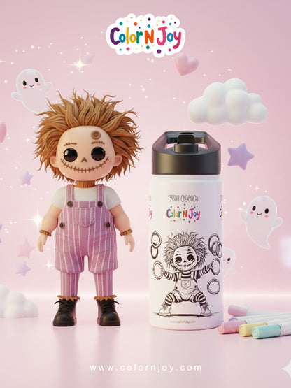Spooky Doll Coloring Water Bottle | Halloween Activity for Kids | Reusable Stainless Steel with Free Coloring Pages