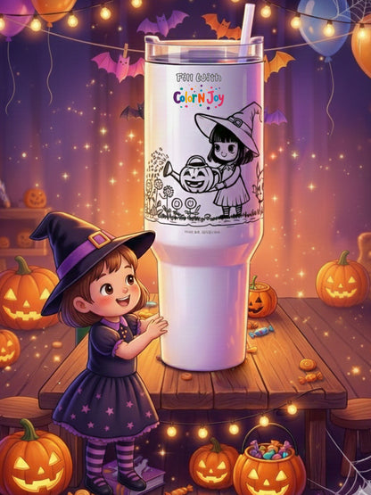 Garden Witch Tumbler – Cute Girl with Pumpkin Water Bottle & Colorful Icons | 40oz