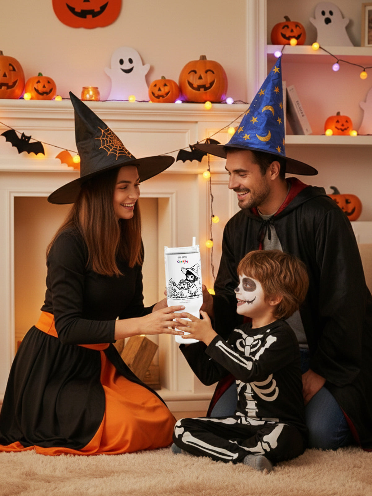 Garden Witch Tumbler – Cute Girl with Pumpkin Water Bottle & Colorful Icons | 40oz